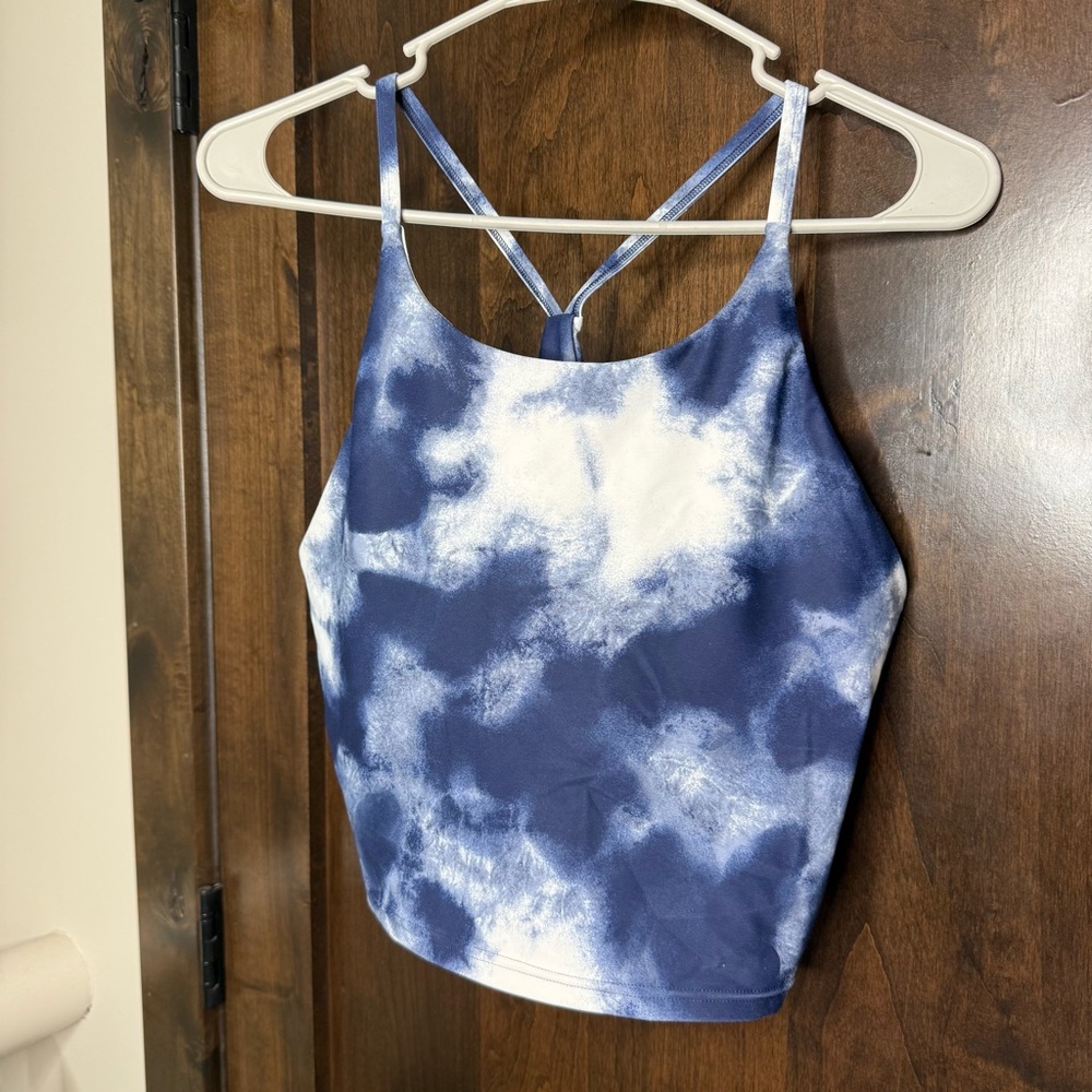 Old Navy active Go Dry Long Line Bra Blue White Tie-Dye crop Top Size L padded - Picture 2 of 8